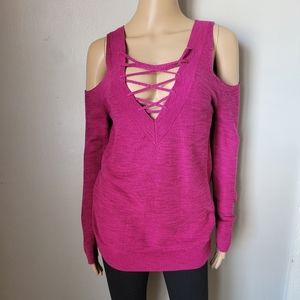 NWT! EXPRESS MAGENTA REVERSIBLE LACE UP COLD SHOULDER LONG SLEEVE SWEATER